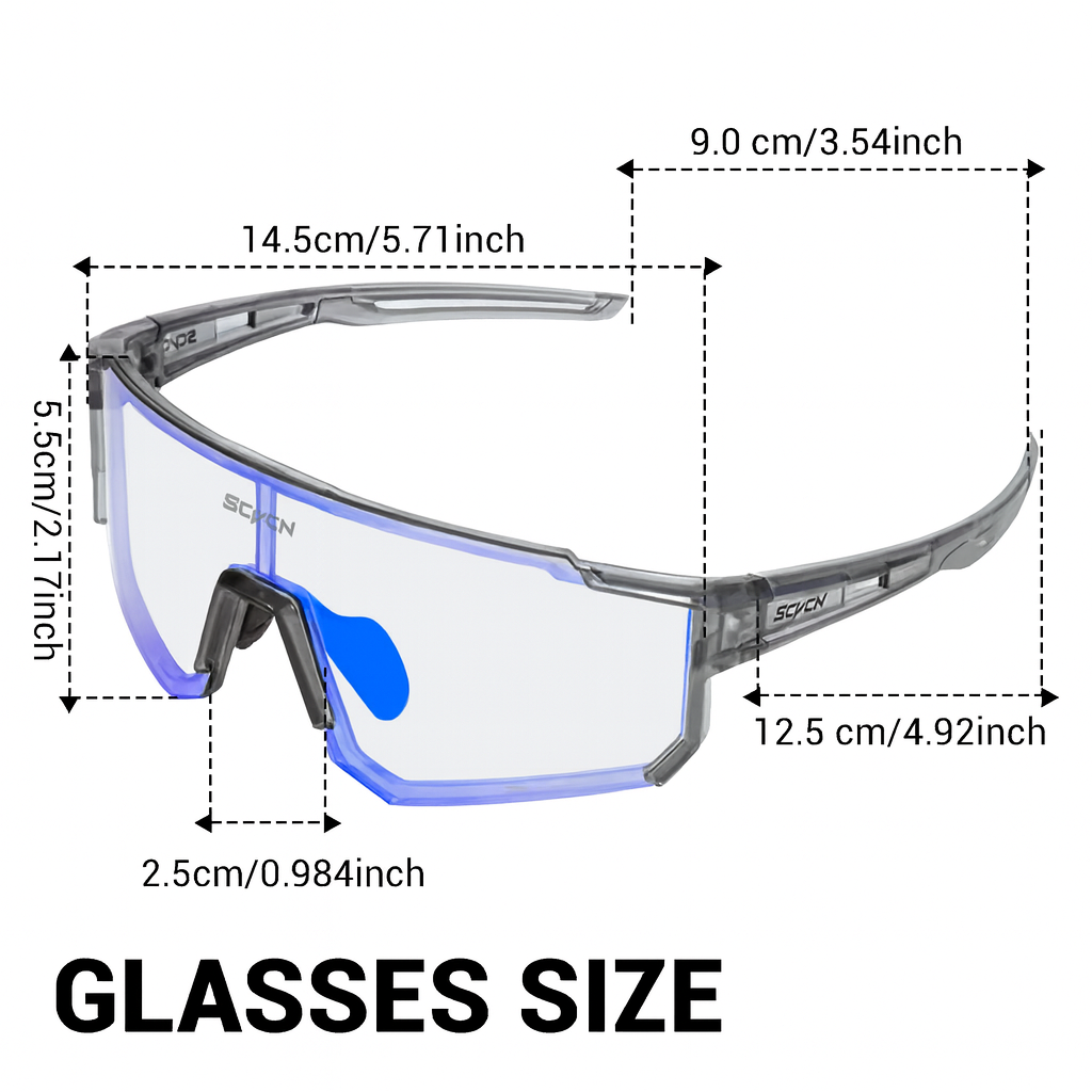 Measurement chart of a pair of glasses with dimensions labeled.