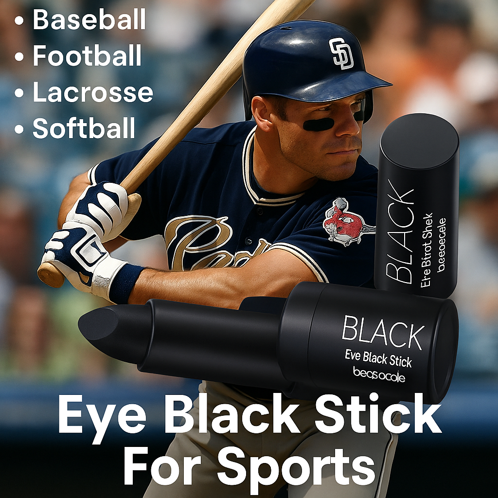 Baseball player holding a bat with eye black sticks and sports text in the background