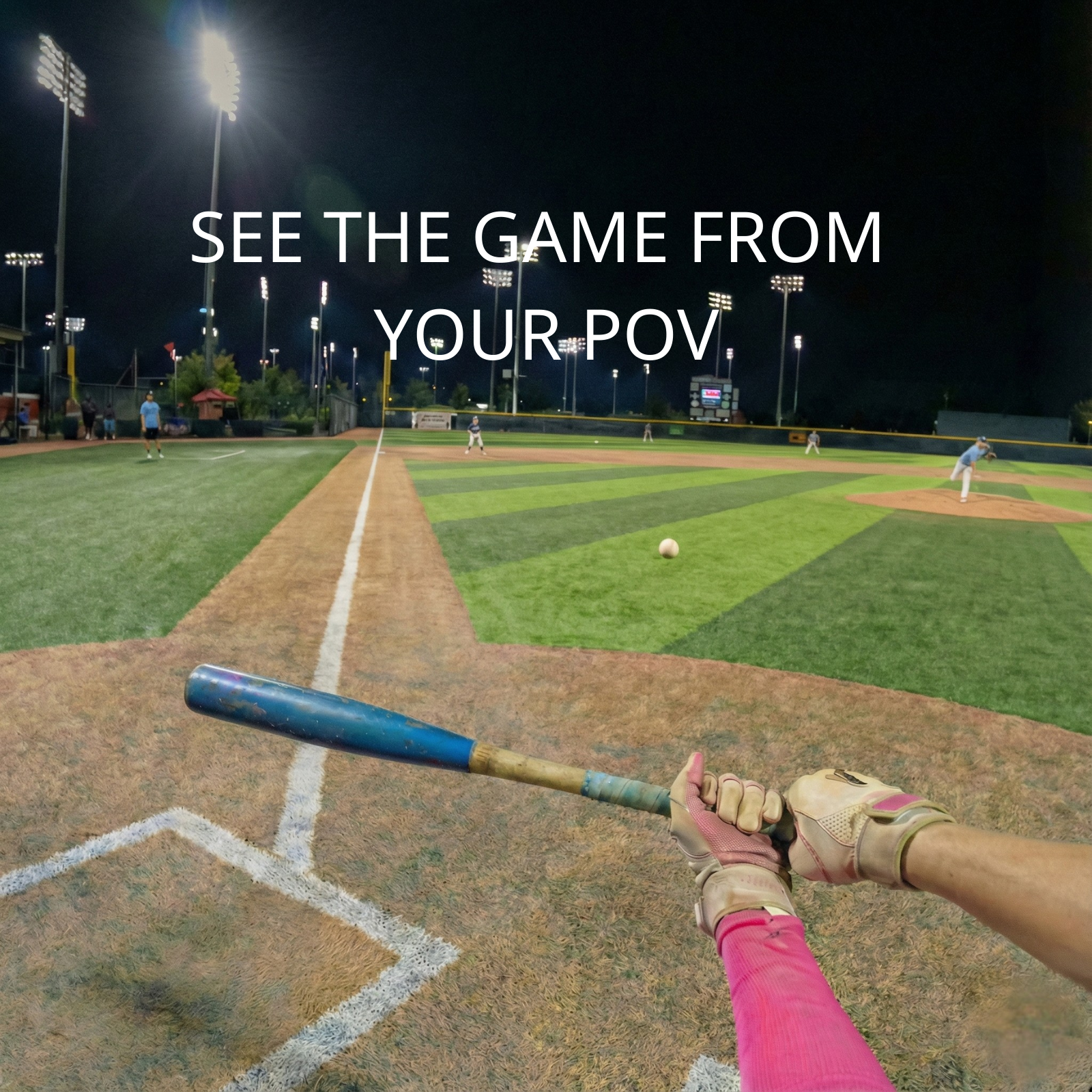 Baseball game at night with a player's perspective, holding a bat and glove.