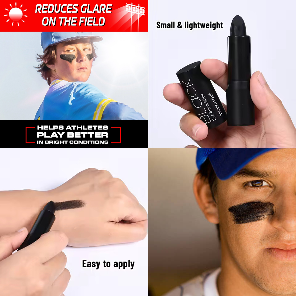 Black eye black product with application on a person's eyelid, held by a hand, and used by a baseball player.
