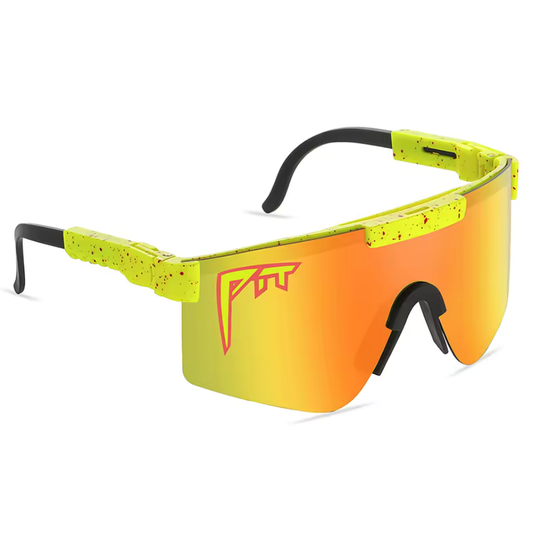 Sunglasses with yellow frame and orange-red lens on a white background