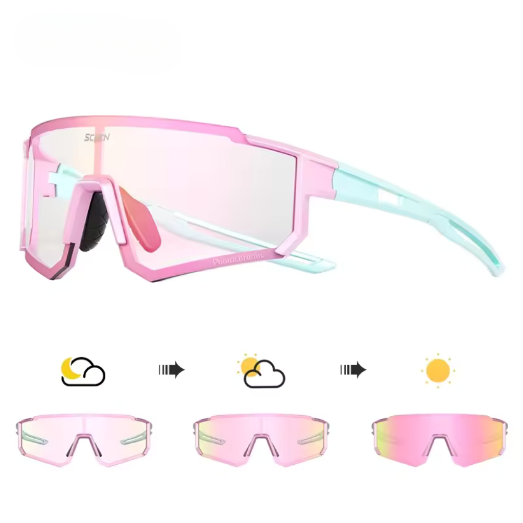 Pink and blue sunglasses with interchangeable lenses on a white background