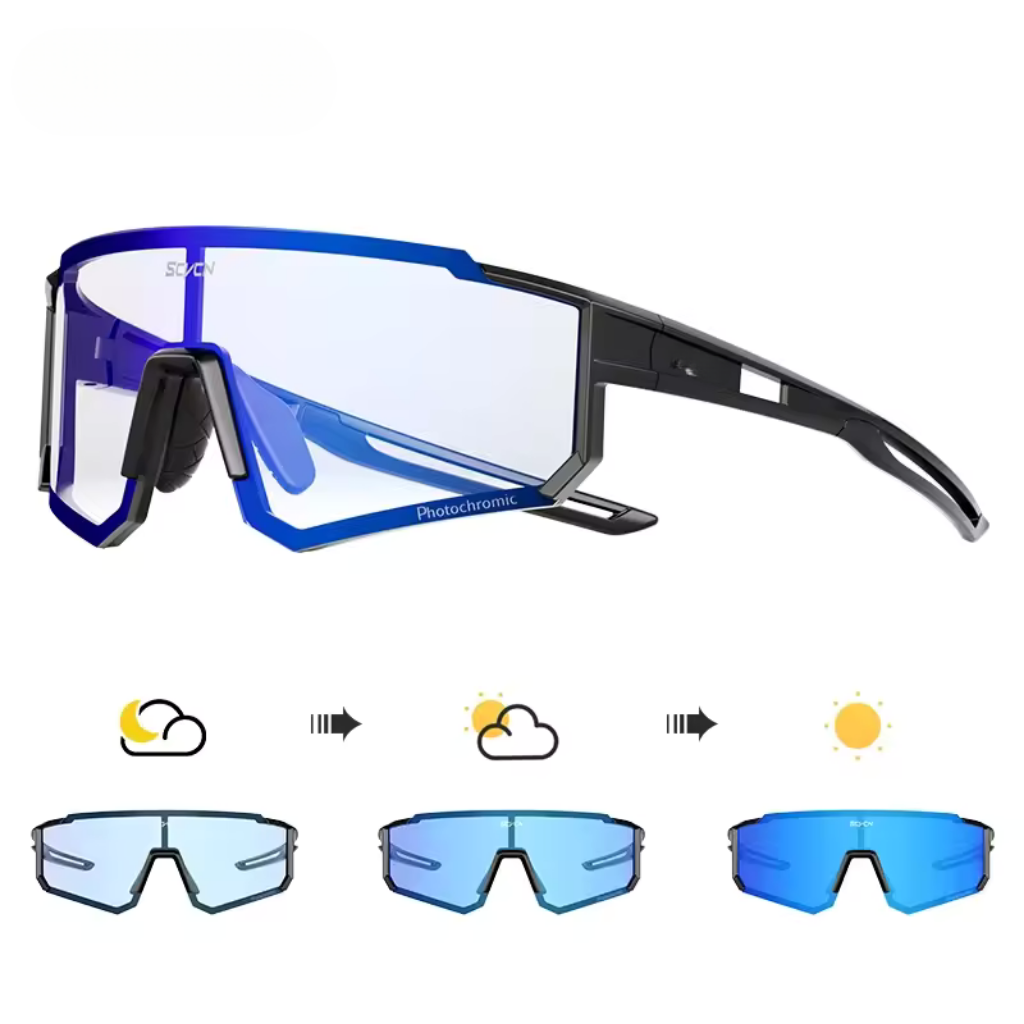 Sunglasses with blue gradient lenses and black frame on a white background