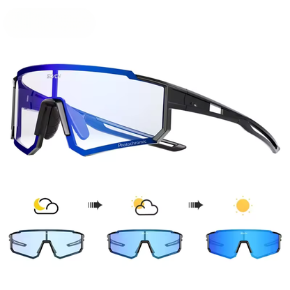 Sunglasses with blue gradient lenses and black frame on a white background