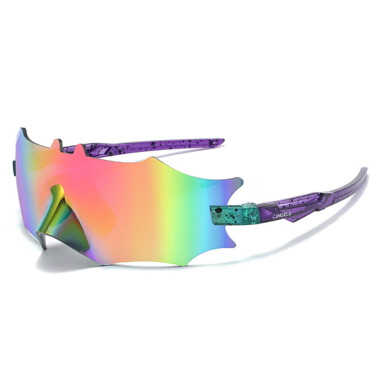 Multicolored sunglasses with a purple frame on a white background