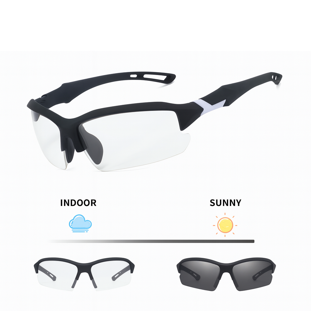 Sunglasses with black frames and clear lenses, labeled for indoor and sunny conditions.