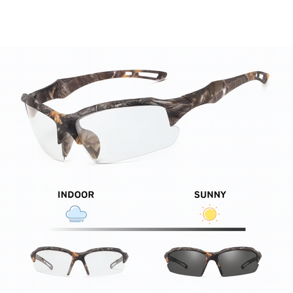 Camo-framed sunglasses with interchangeable lenses on a white background