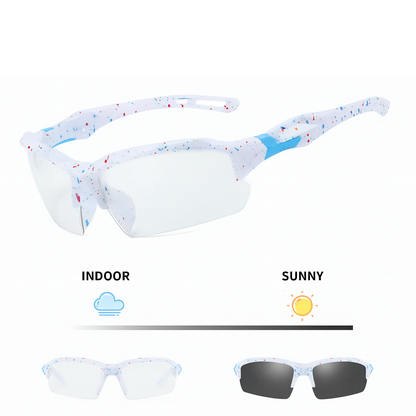 Sunglasses with interchangeable lenses labeled 'Indoor' and 'Sunny' on a white background.