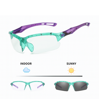 Sunglasses with interchangeable lenses labeled for indoor and sunny conditions on a white background.