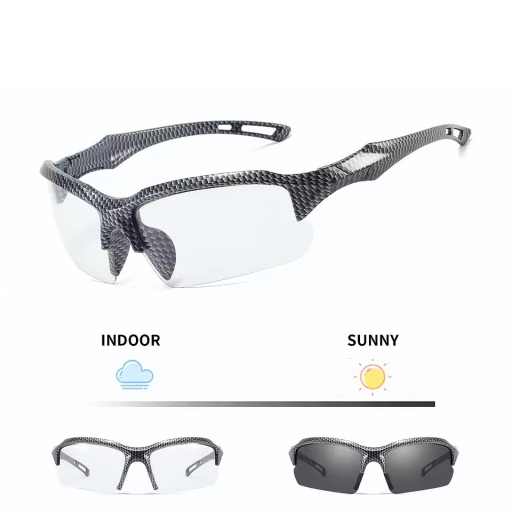 Sunglasses with interchangeable lenses labeled 'Indoor' and 'Sunny' on a white background.
