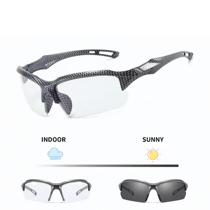 Sunglasses with interchangeable lenses labeled 'Indoor' and 'Sunny' on a white background.