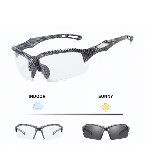 Sunglasses with interchangeable lenses labeled 'Indoor' and 'Sunny' on a white background.