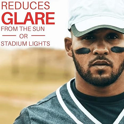 Man wearing a cap with text about reducing glare from sun or stadium lights