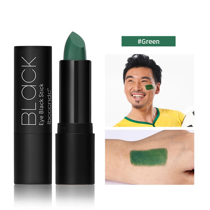 Green lipstick with packaging and application on a white background