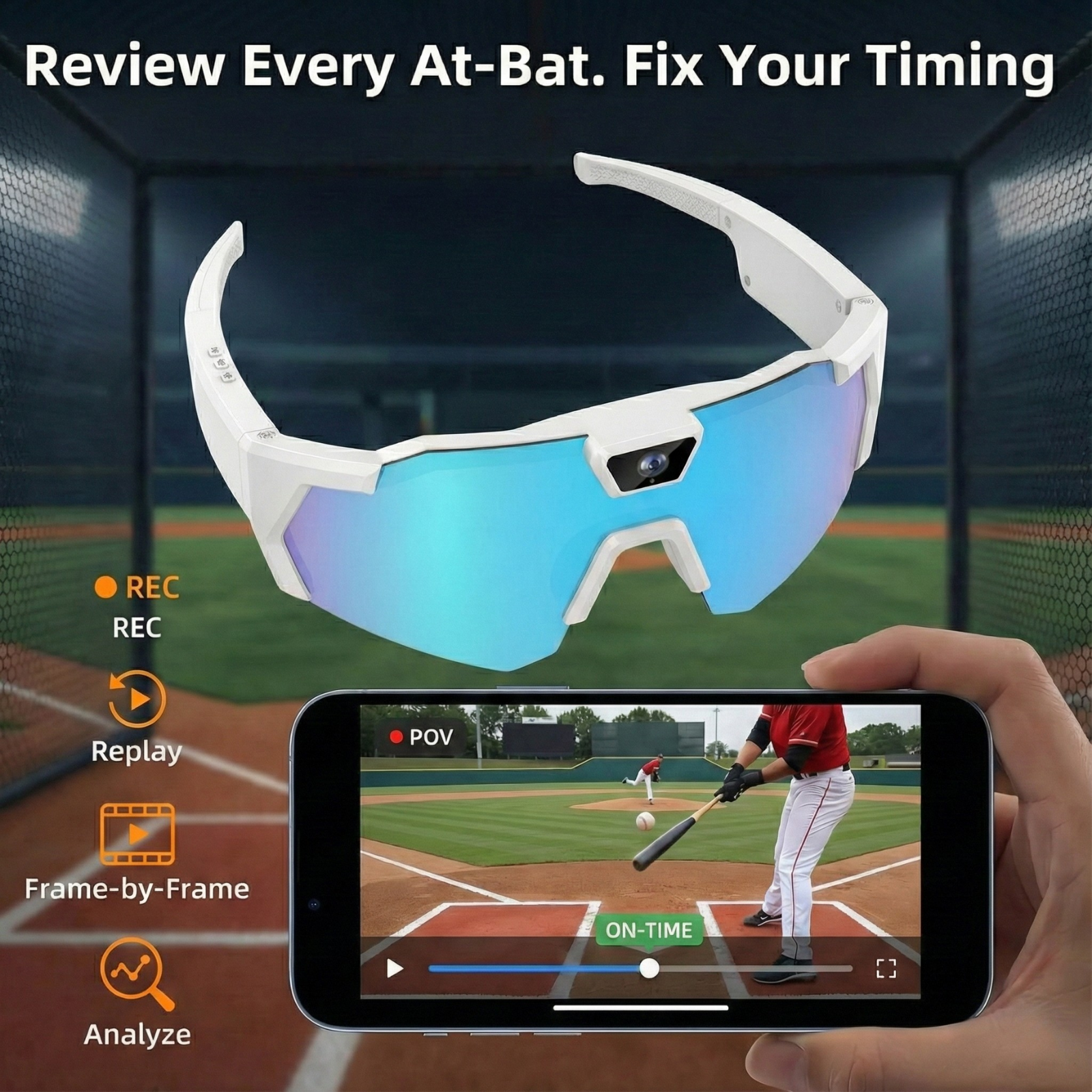 Sunglasses with a screen displaying a baseball game on a phone, set against a baseball field background.