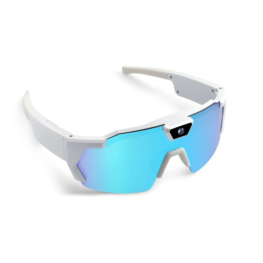 Sunglasses with white frame and blue-tinted lenses on a white background