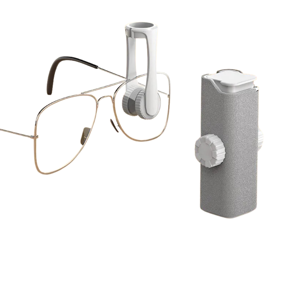 Eyeglasses and a white and gray electronic device on a white background