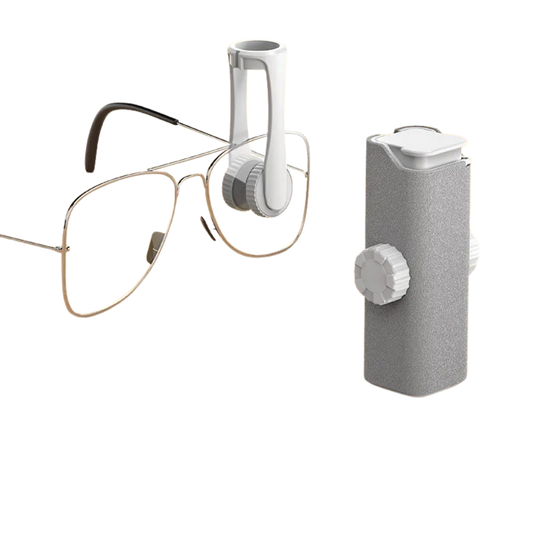 Eyeglasses and a white and gray electronic device on a white background