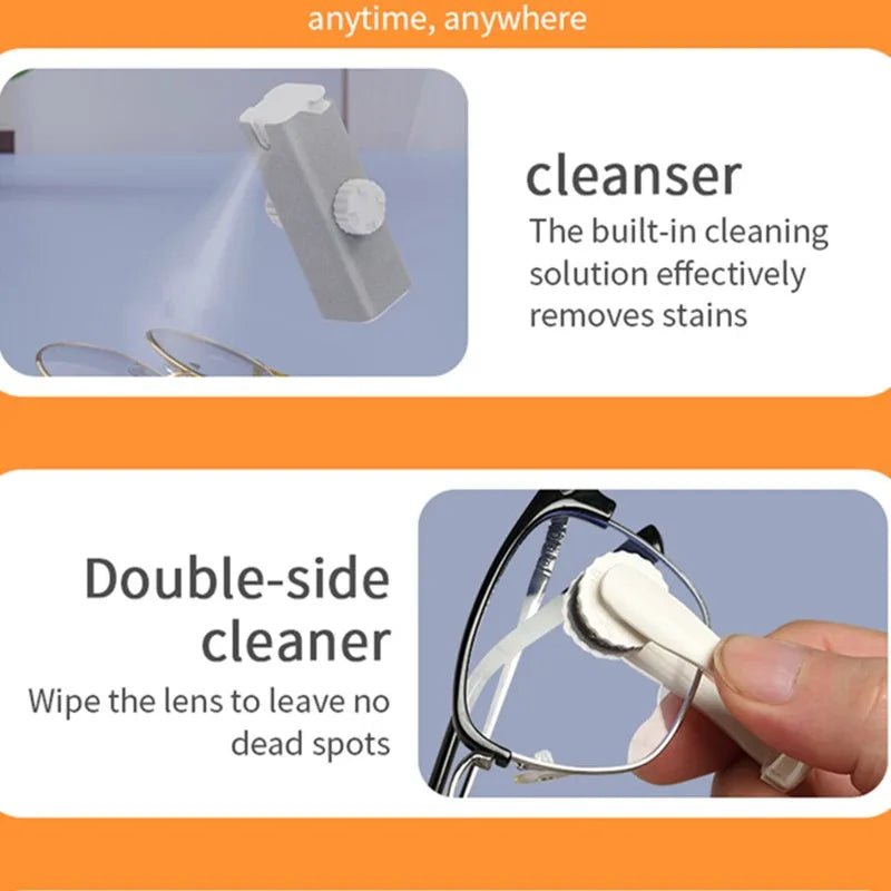 Product advertisement for a double-side cleaner with text about built-in cleaning solution and lens wiping.