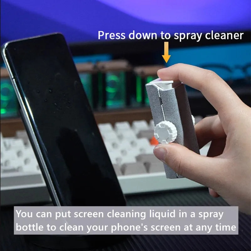 Hand holding a small device with text indicating it can be used to spray screen cleaner on a phone screen.