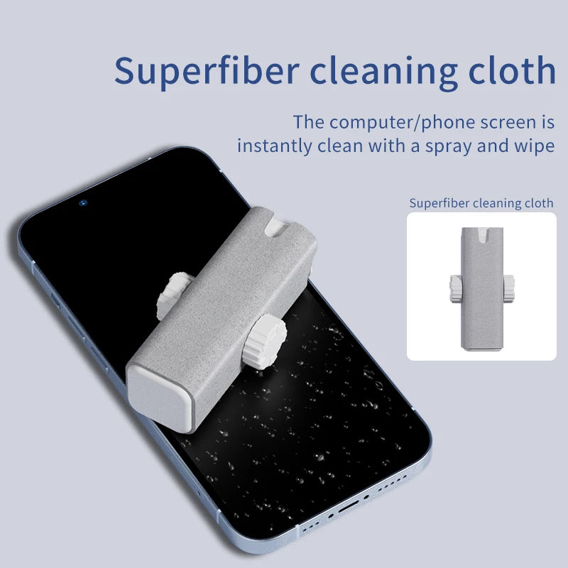 Superfiber cleaning cloth being used on a smartphone screen with text explaining its use.