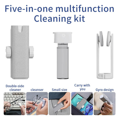 Five-in-one multifunction cleaning kit with various uses and features highlighted.