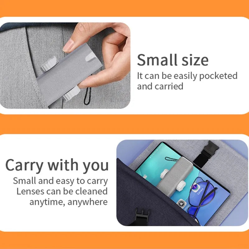 Small size product being pocketed and carried with text highlighting ease of carrying and cleaning.