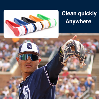 Baseball player holding a glove with cleaning tools above his head and text 'Clean quickly Anywhere.'