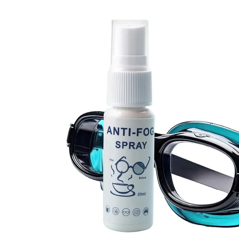 Anti-fog spray bottle with a pair of goggles on a white background