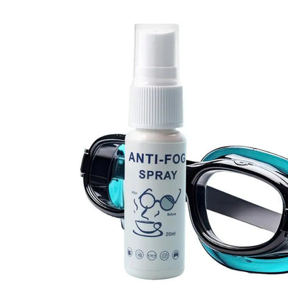Anti-fog spray bottle with a pair of goggles on a white background