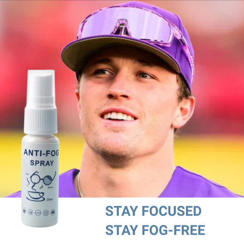 Man wearing a purple cap with an anti-fog spray bottle next to him, with text 'Stay Focused Stay Fog-Free'.
