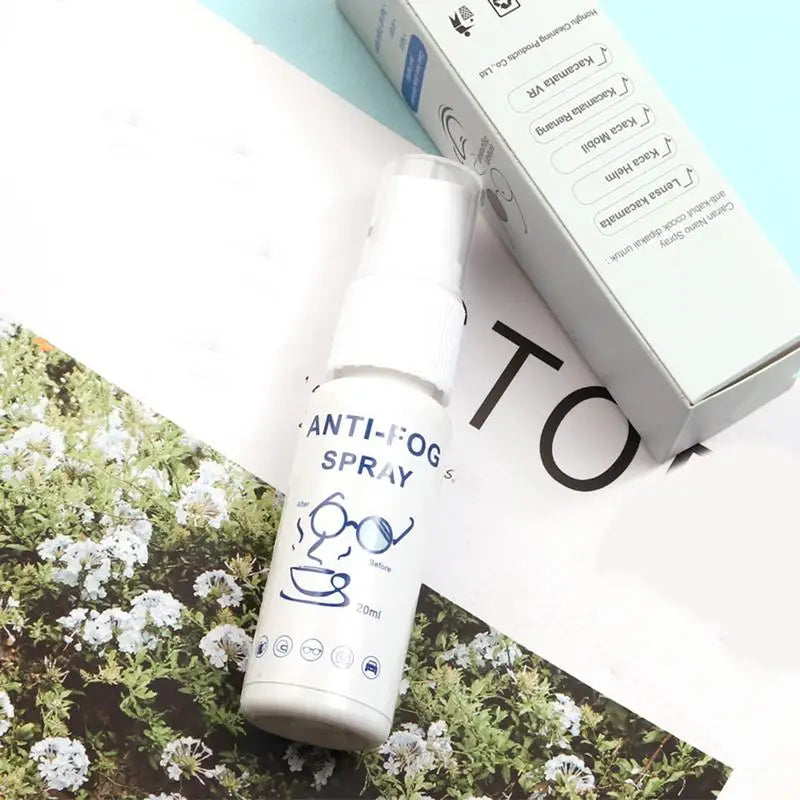 Anti-fog spray can with packaging on a nature-themed background