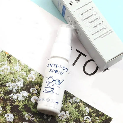 Anti-fog spray can with packaging on a nature-themed background