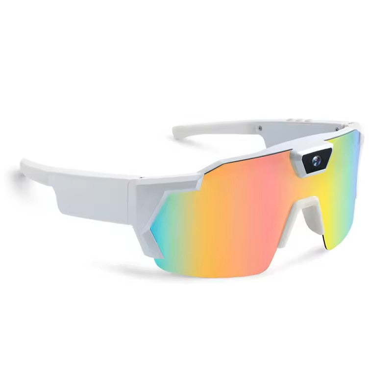 Sunglasses with white frame and multicolored lenses on a white background